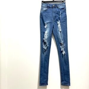 B.O.B Jeans Women’s Blue Skinny Jeans High Rise with Ripped Distressed